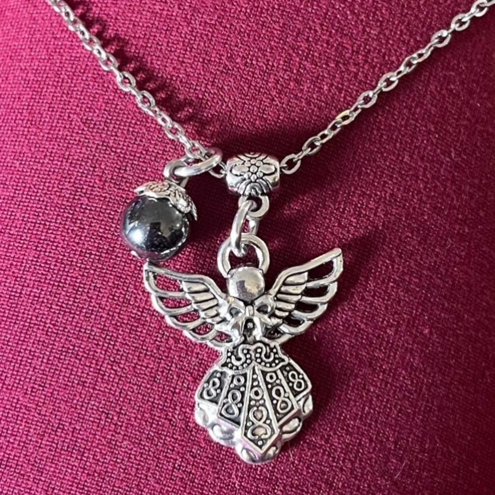 🔴 Hematite bead angel charm stainless steel boho silver gemstone necklace . - Picture 3 of 9